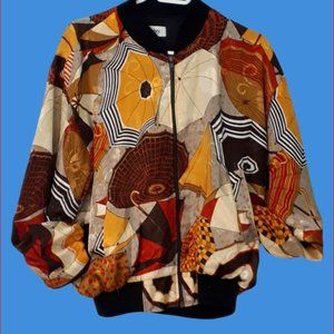 Vtg Mighty Bomber Style Jacket Designer Multicolor Umbrella Pattern Silky